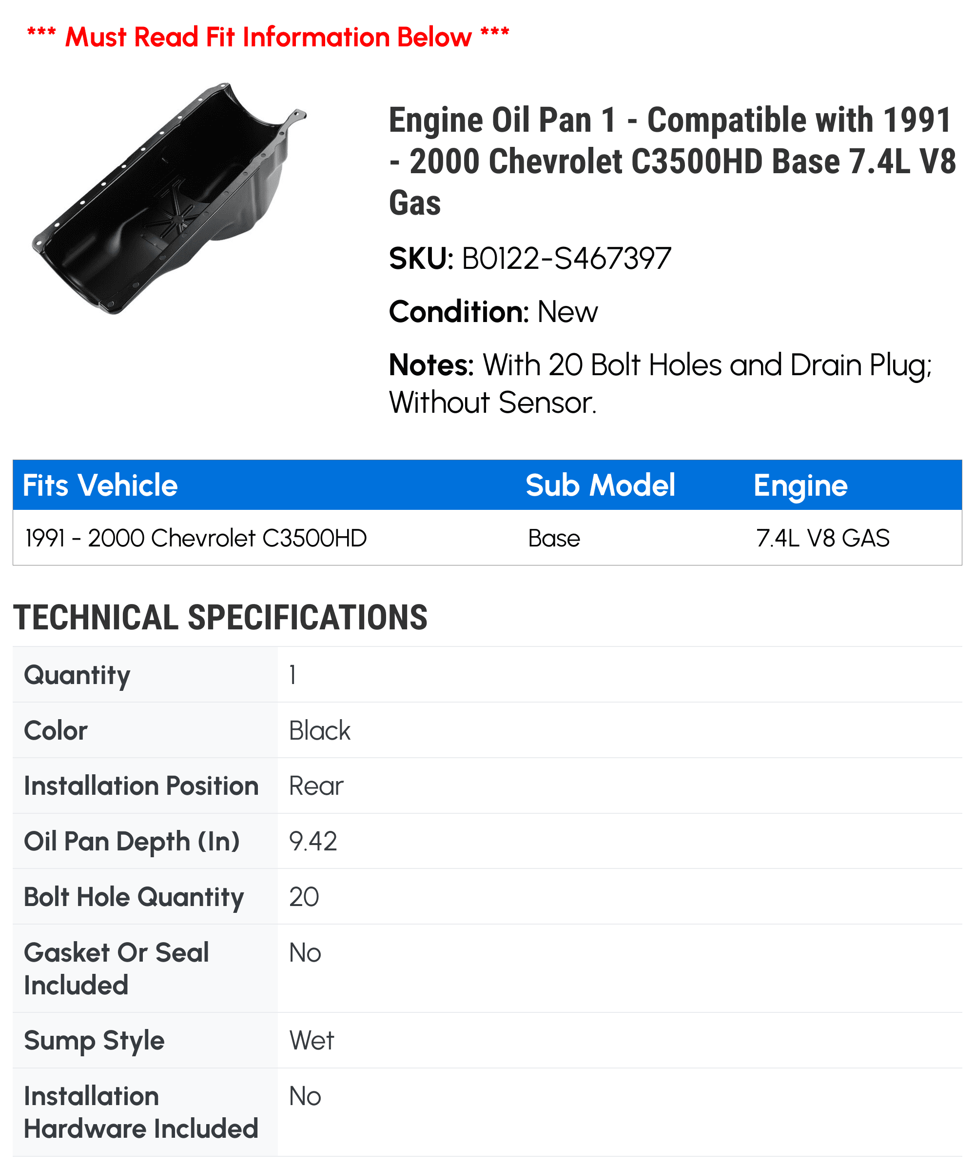 Engine Oil Pan 1 - Compatible with 1991 - 2000 Chevrolet C3500HD Base 7.4L V8 Gas - Autopart Premium