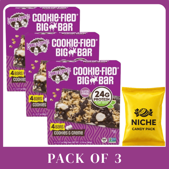 Lenny & Larry's Cookie-Fied Big Bar, Cookies & Creme, 3.17 oz (4 Count), Pack of 3-with candy pack