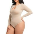 thumbnail image 6 of Women's Seamless Bodysuit Long Sleeve Tummy Control Shapewear Notch Crewneck Body Shaper Black Body Suit, 6 of 7