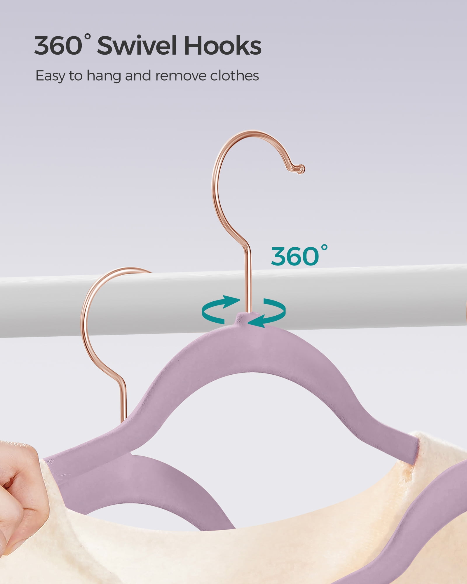 50-Pack Velvet Hangers with Rose Gold Swivel Hooks, Non-Slip Heavy-Duty Slim Clothes Hangers, 11 lb Capacity, Light Purple