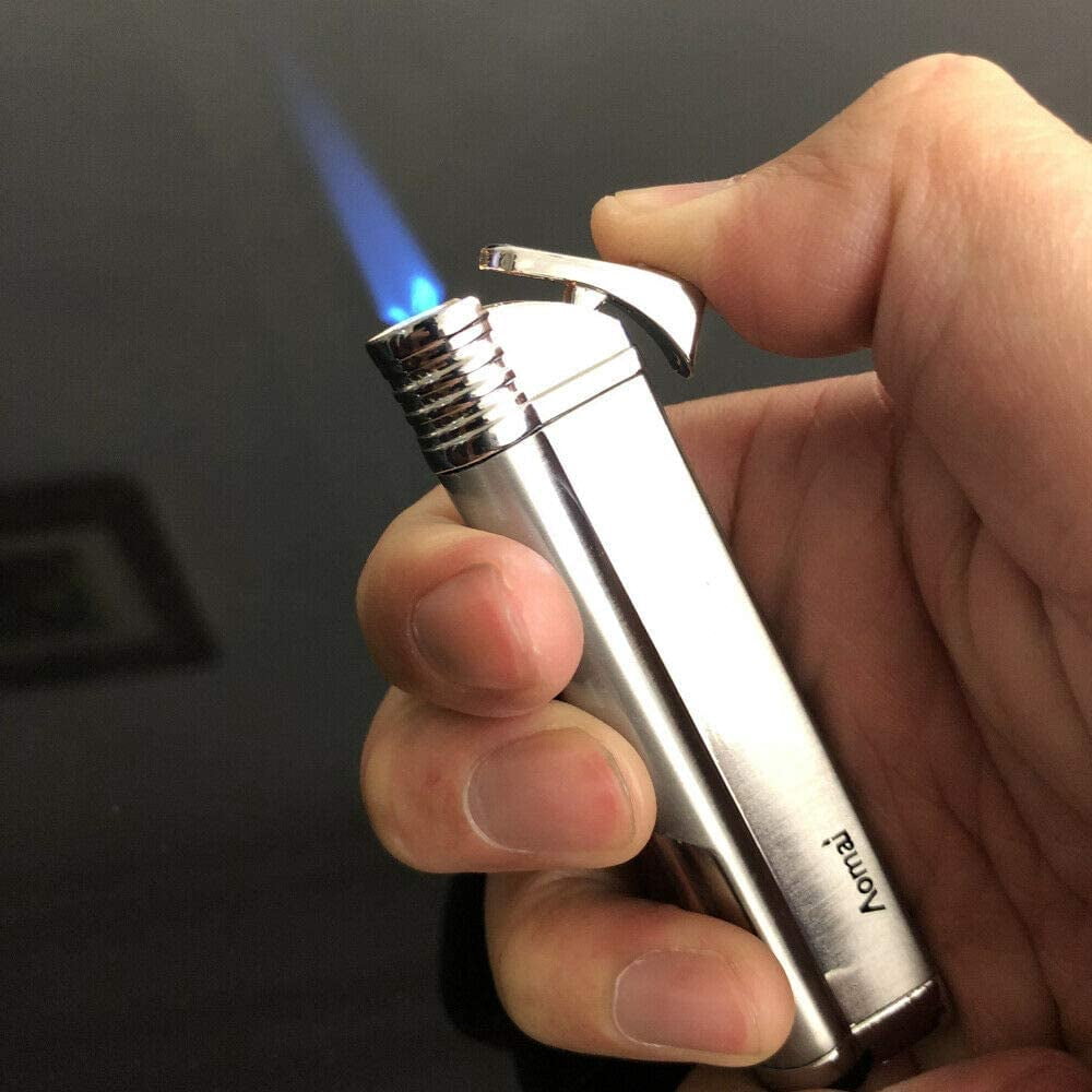 Piioket 3 Pcs Jet Blue Flame Metal Cigar Cigarette Lighter Windproof Refillable Butane Gas Fuel Viewable with Electric Wire Ignition Protection - Aomai Silver