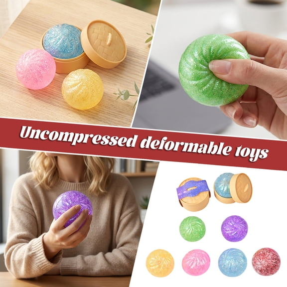 6Pcs Glitter Dumpling Squishy Random Color, Mystery Dumpling Squishy Large, Squishy Dumpling Doll with Cute Expressions, Silicone Bun Sensory Fidget Dolls, Hand Pinching Decompression Dolls