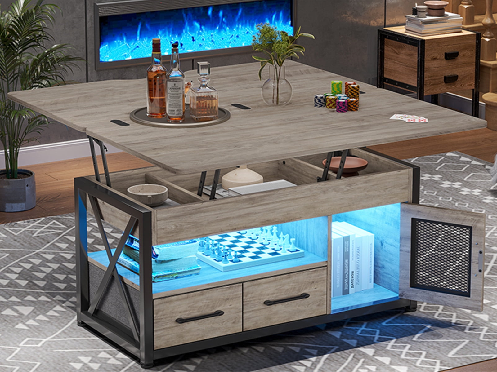 40" Lift Top Coffee Table, 4 in 1 Coffee Tables with Storage Cabinet for Living Room, Small Farmhouse Coffee Table with 2 Fabric Drawers & LED Light for Dining Room, Grey