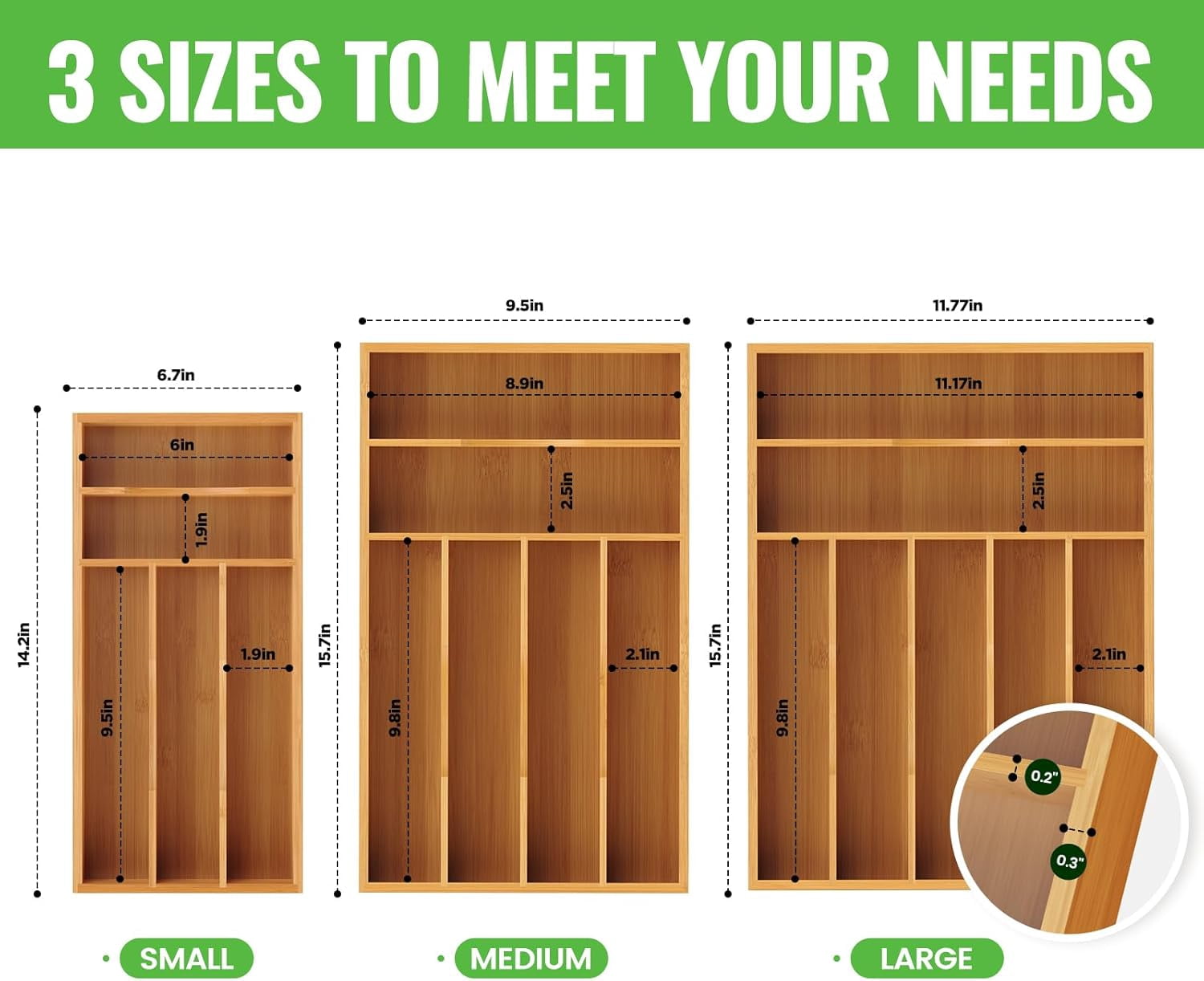 HomeJoy Bamboo Silverware Organizer, Bamboo Kitchen Drawer Cutlery Organizer, Utensil Holder, Flatware Organizer Tray (15.8"x9.5"x1.6")