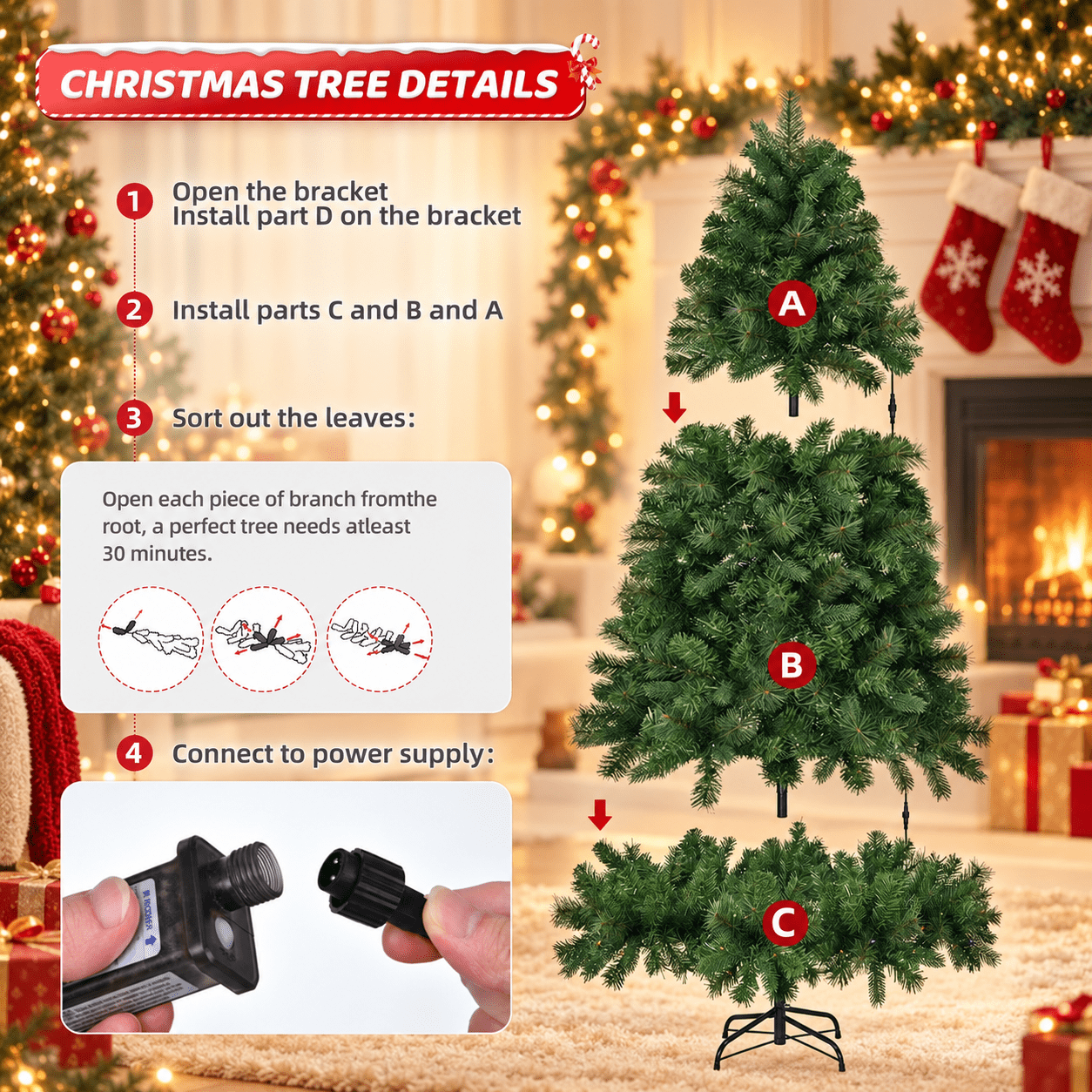 Fenbeli 6ft Pre-Lit Artificial Christmas Tree with 250 Multicolor LED Lights, 8 Lighting Modes, 1000 PVC Branch Tips and Metal Stand, Green