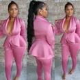 thumbnail image 2 of 2 PCS Women Solid Color Outfits, Long Sleeve V-neck Layered Ruffle Hem Blazer Ankle-length Pants, 2 of 5