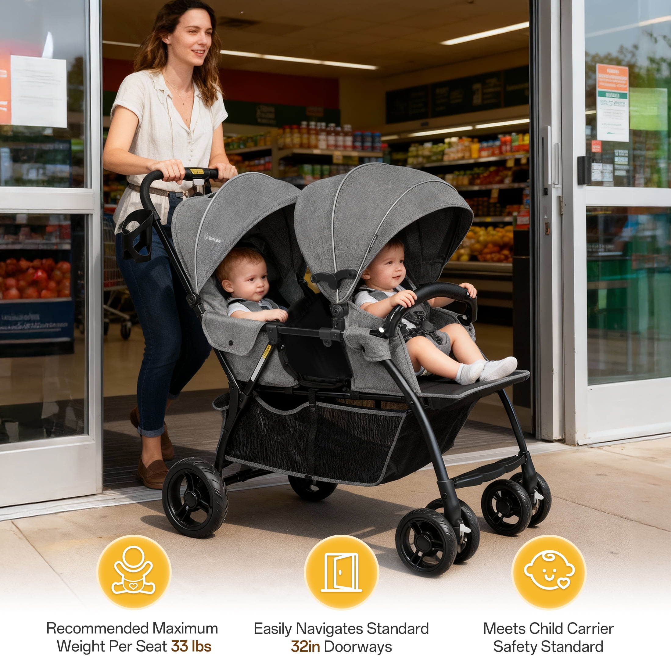Vomeast Double Stroller for Twins, Foldable Lightweight Travel Stroller for Infant and Toddler, 5-Point Harness, Adjustable Canopy & Reclining Seat, Gray