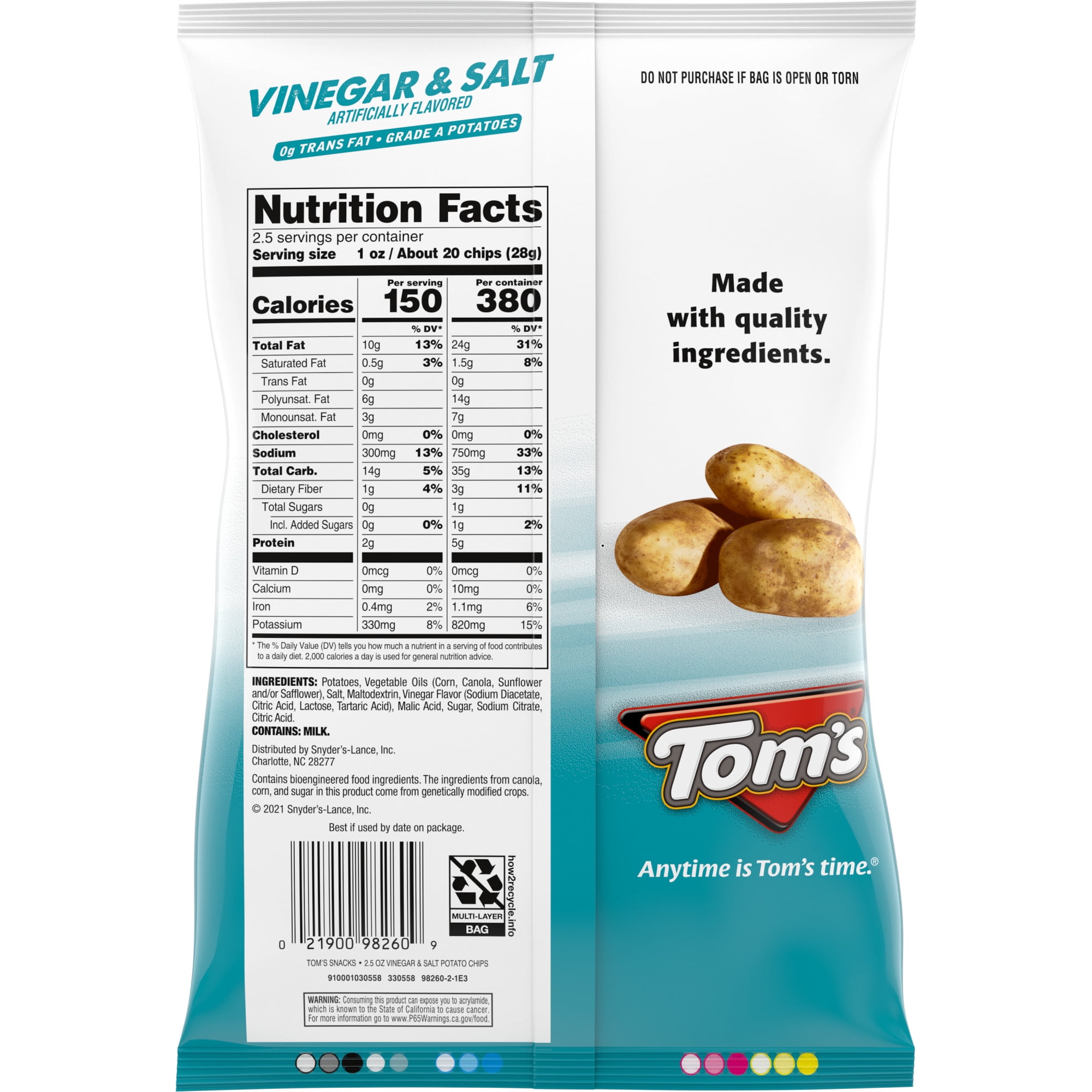Tom's Potato Chips Waves, Vinegar and Salt, 2.5 oz Snack Bag