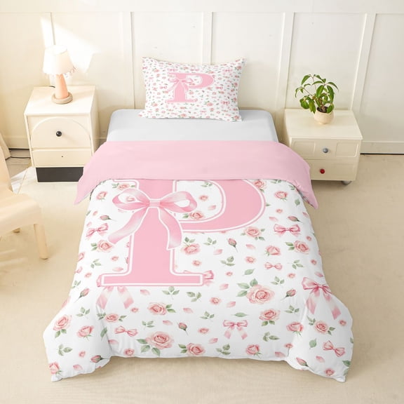 Feelyou Pink Bow Letter P Twin Duvet Cover for Girls, Spring Rose Floral Twin Bedding, Pink Reversible, 2-Piece, 1 Duvet Cover and 1 Pillowcase