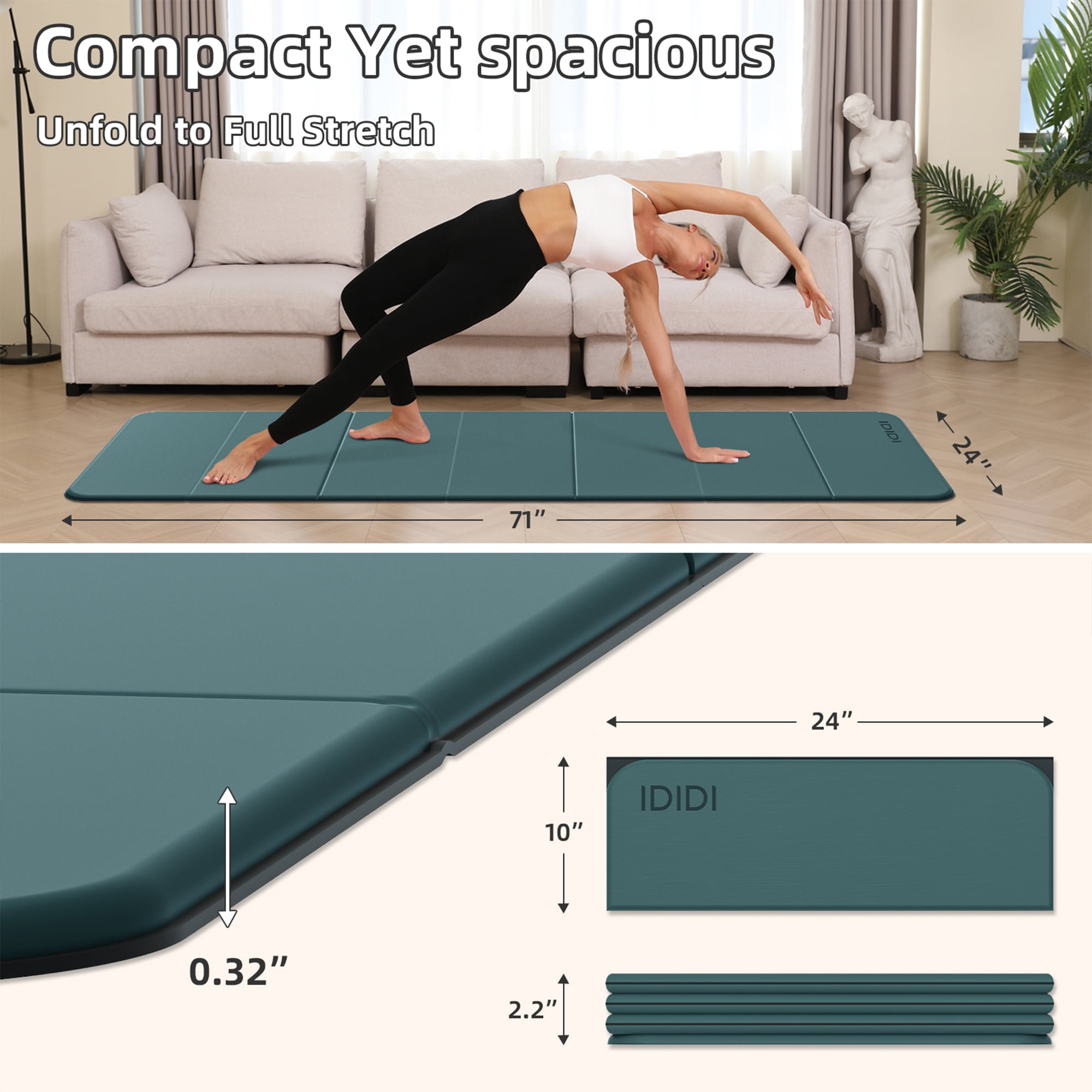 IDIDI Foldable Yoga Mat, 8mm Thick, Non Slip Exercise Mats For Home and Travel, Quick Unfold/Stor, Flat Lay No Curl Design(Green+Black)