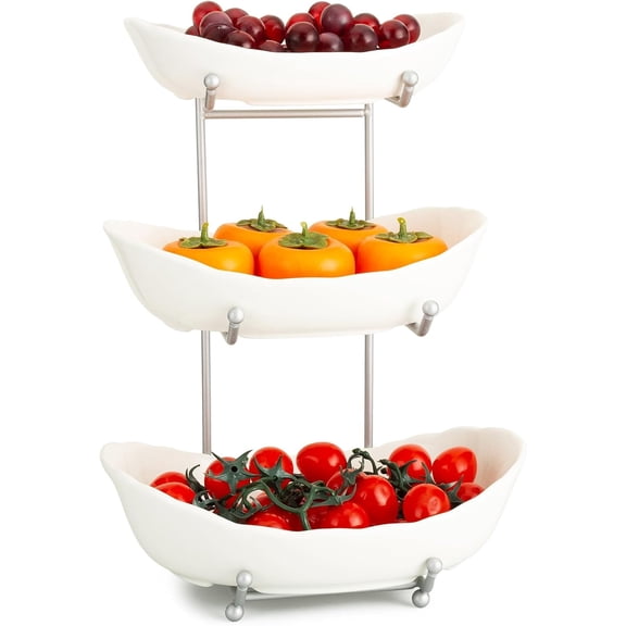Fruit Bowl for Kitchen Counter, 3 Tier Ceramic Fruit Bowl, Tiered Fruit Basket for Countertop, Modern Multi Layer Fruit Display Stand for Party