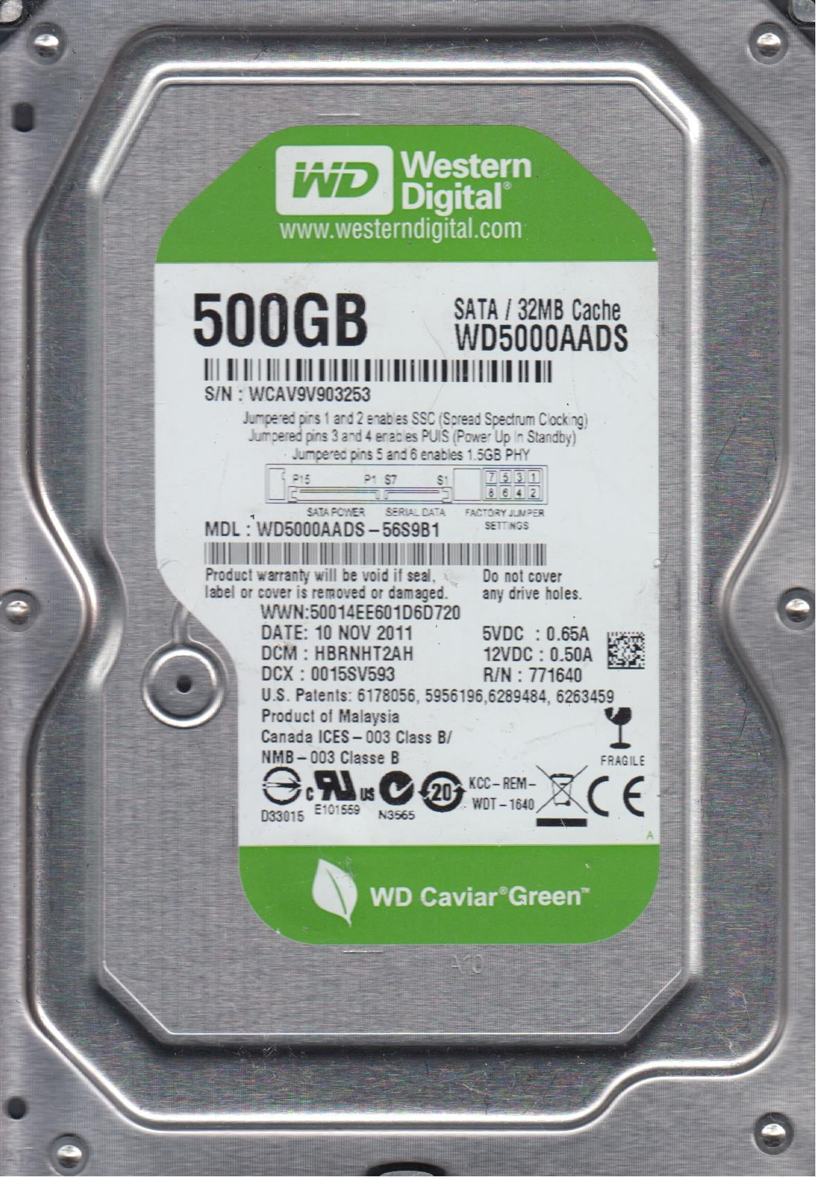 WD5000AADS-56S9B1, DCM HBRNHT2AH, Western Digital 500GB SATA 3.5 Hard ...