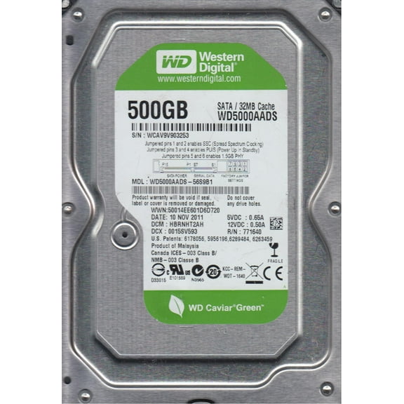 WD5000AADS-56S9B1, DCM HBRNHT2AH, Western Digital 500GB SATA 3.5 Hard Drive