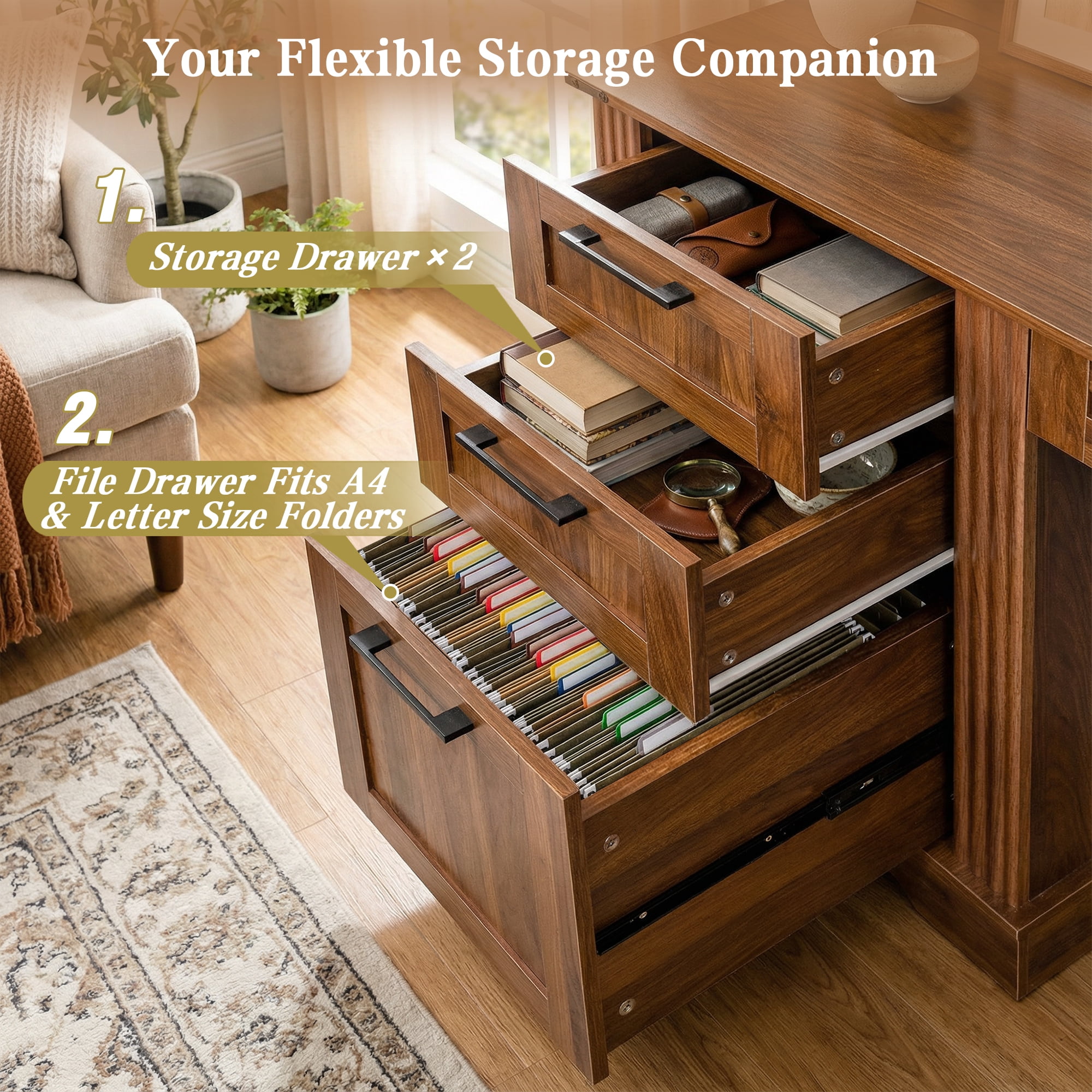 Leumius Farmhouse Office Desk with Charging Station & Storage Cabinet, Barn Door Design Home Office Study Desk with File Drawer, Monitor Stand and Keyboard Tray for Office Study Living Room Walnut