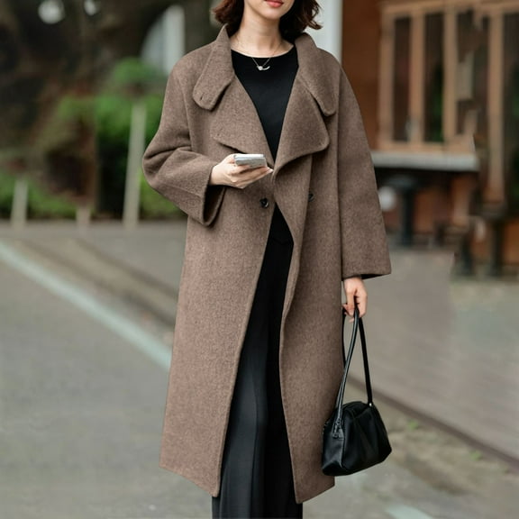 Coats for Women Stand Collar Solid Casual Thicken Wool Inner Lining Pocket Breasted Pea Coat,Womens Coats Plus Size Khaki XL