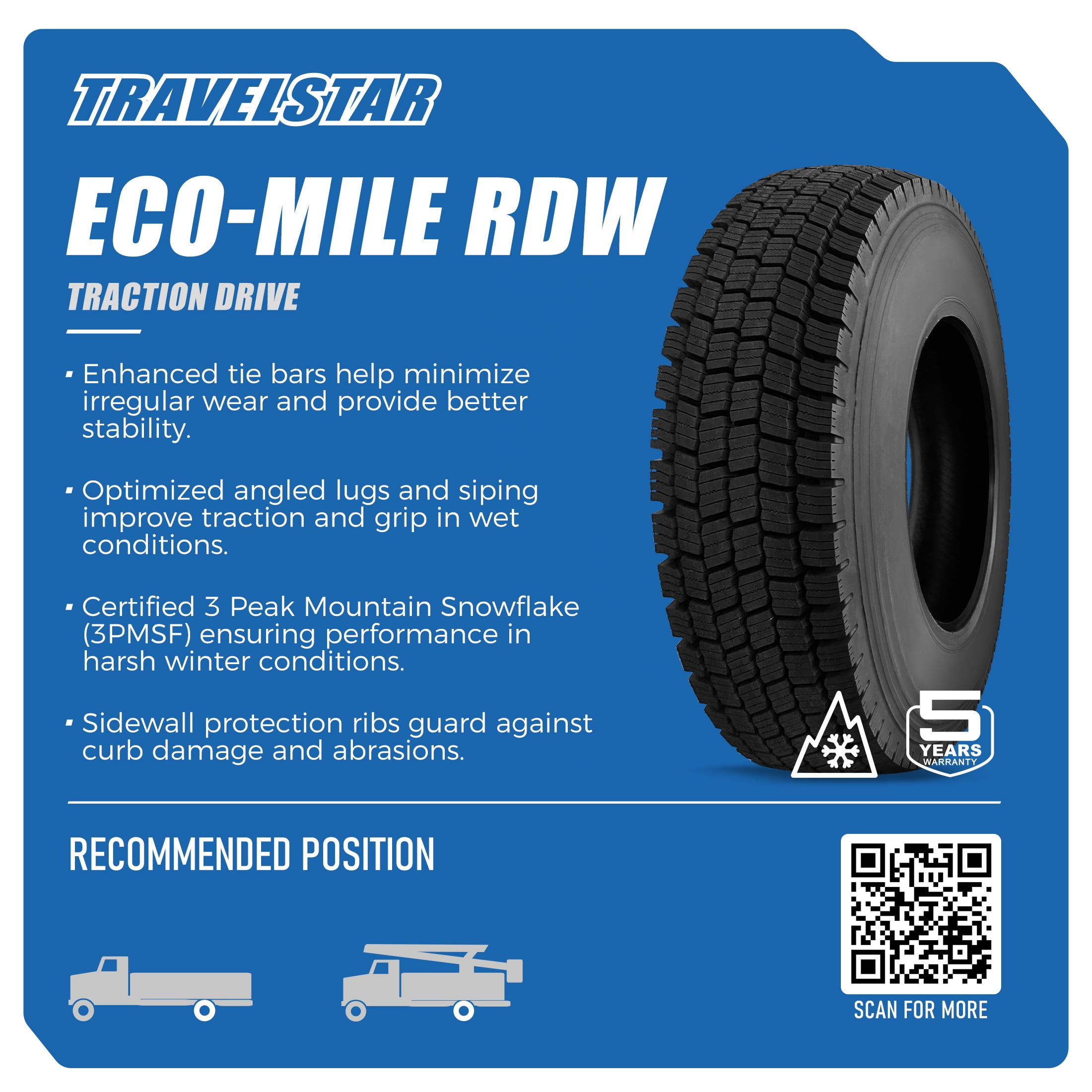 Travelstar Eco-Mile RDW Traction Drive 245/70R19.5 136/134J 16PR Load Range H Commercial Truck Tire 245/70R/19.5(Tire Only)