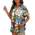 thumbnail image 4 of VILOVE Women Mardi Gras T-Shirt Hawaiian Shirt Street Carnival Themed Masks Graphic Tees Beach Vacation Short Sleeve Button Up Tops, Purple, 4 of 5