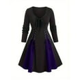 thumbnail image 2 of Halloween Dresses for Women Color Block Medieval Renaissance Waist Strap Dress Long Sleeve V Neck Dress, 2 of 7