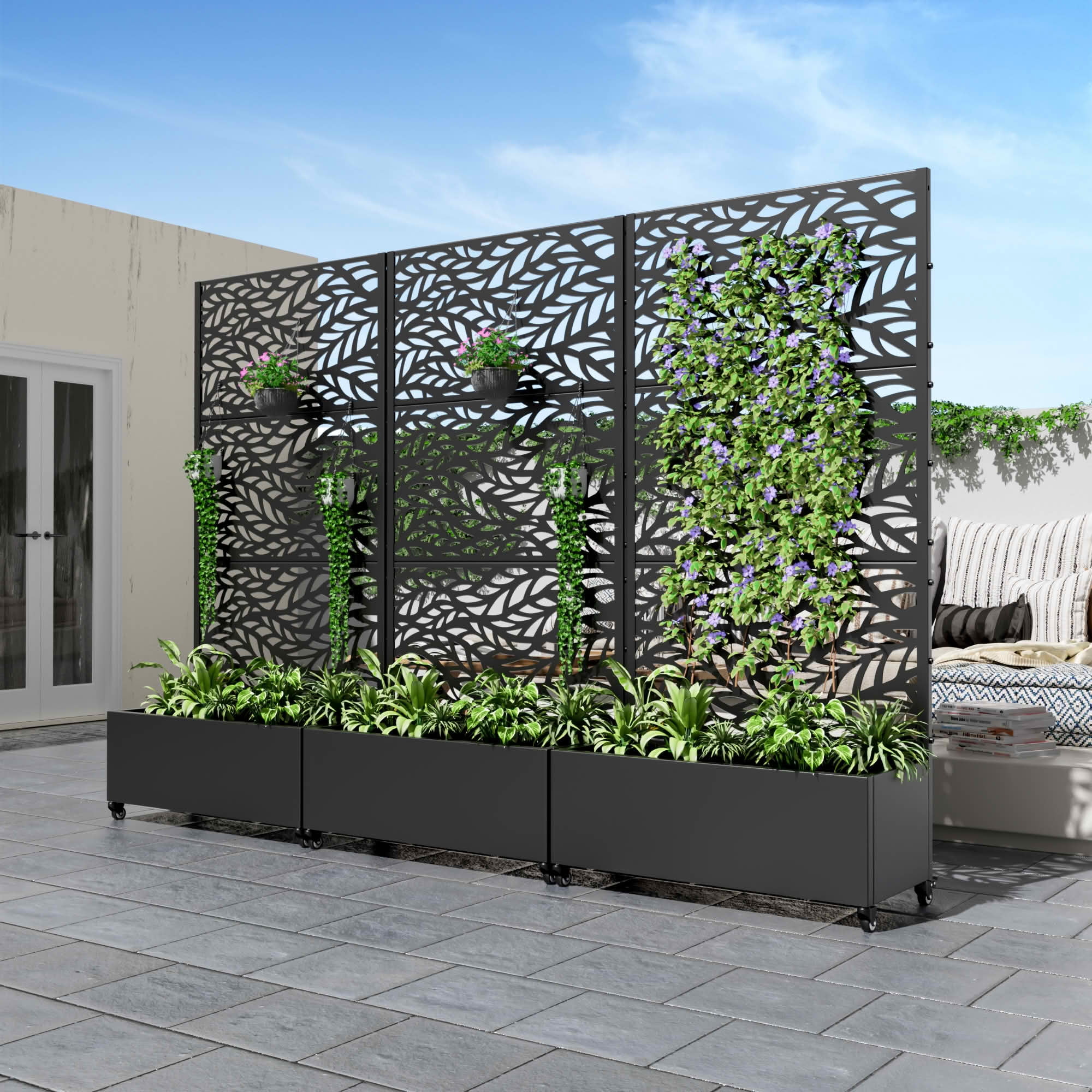 MAYEERTY Black Rectangular Metal Planter Box with Trellis, Outdoor Garden Patio, 72×35×16in, 3 Panels