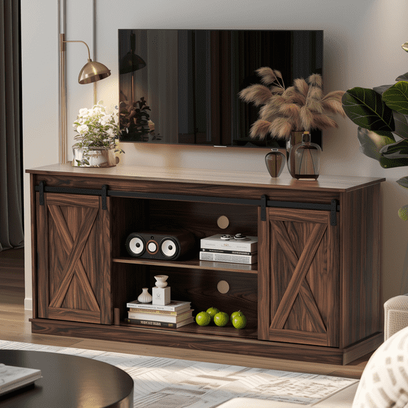 Aukfa TV Stand for TVs up to 65", Entertainment Center with Storage Cabinets and Sliding Barn Doors, for Living Room Bedroom,Walnut
