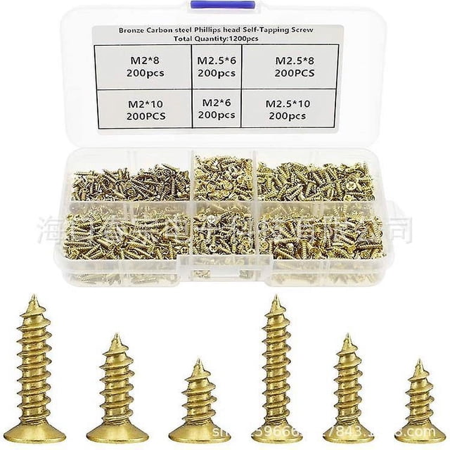 Surtido de 1200 tornillos pequeños para madera de acero con cabeza plana, 5 mm, 6 mm, 7 mm, 8 mm, 10 mm, tornillos pequeños dorados para madera con caja organizada