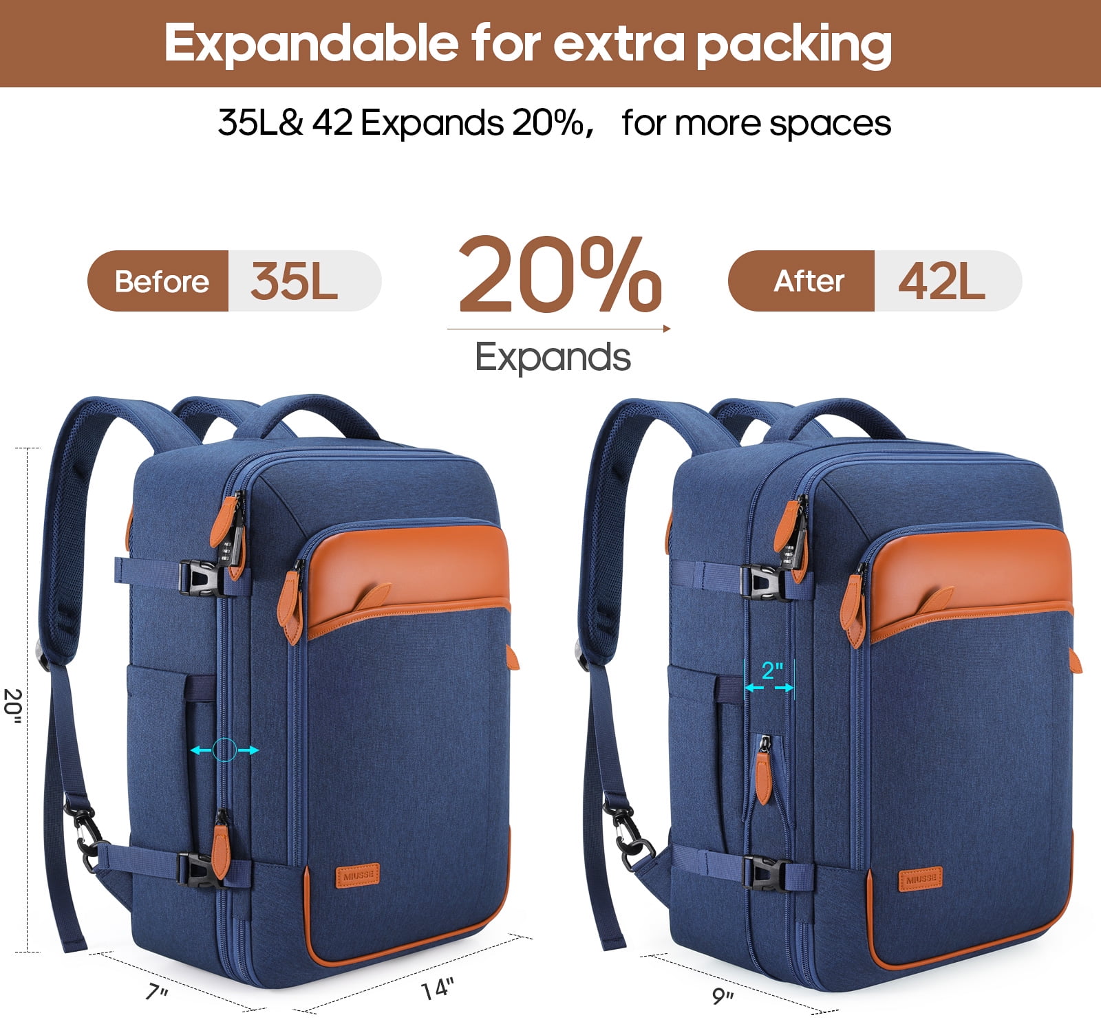 UKEIN Travel Backpack for Men & Women Carry On Backpack Flight Approved Expandable 42L Waterproof Anti-Theft Personal Item Backpack with Packing Cubes and Shoe Pocket