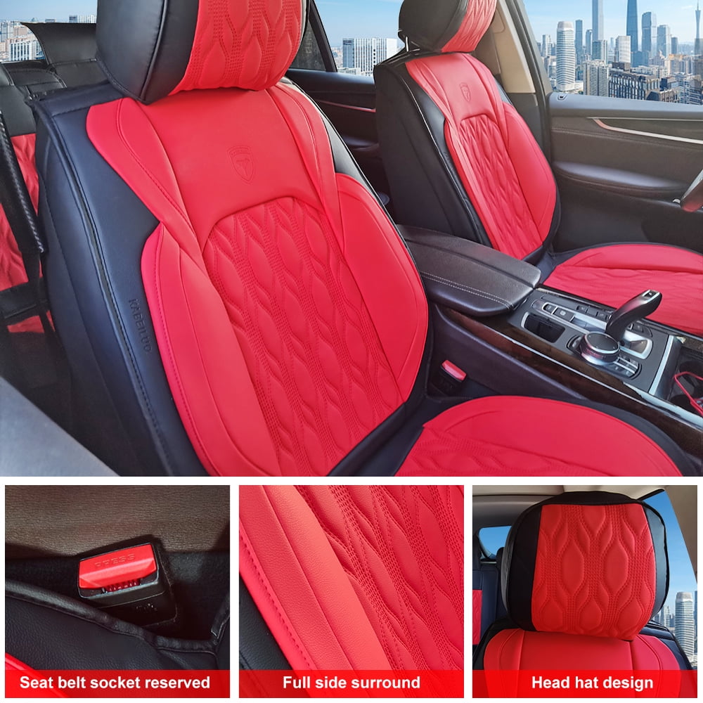 Maidao Car Seat Covers Set,5 Seats Breathable Faux Leather Seat Protectors Full Set, Universal Auto Seat Protectors Cushions, Auto Interiors Fit Most Cars SUV Trucks Black and Red