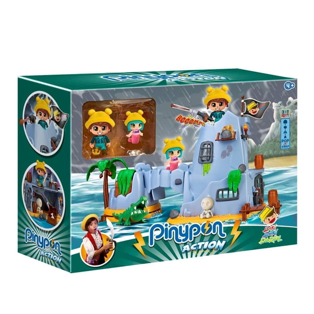 set pinypon action isla pirata duki dariel multicolor — vista frontal del empaque que muestra la isla pirata de juguete en gris y azul con dos figuras (Dariel y una sirena) con gorros amarillos; accesorios visibles: cofre del tesoro, calavera, mapa, linterna, botella, armas y palmera; logo Pinypon Action en el frente.