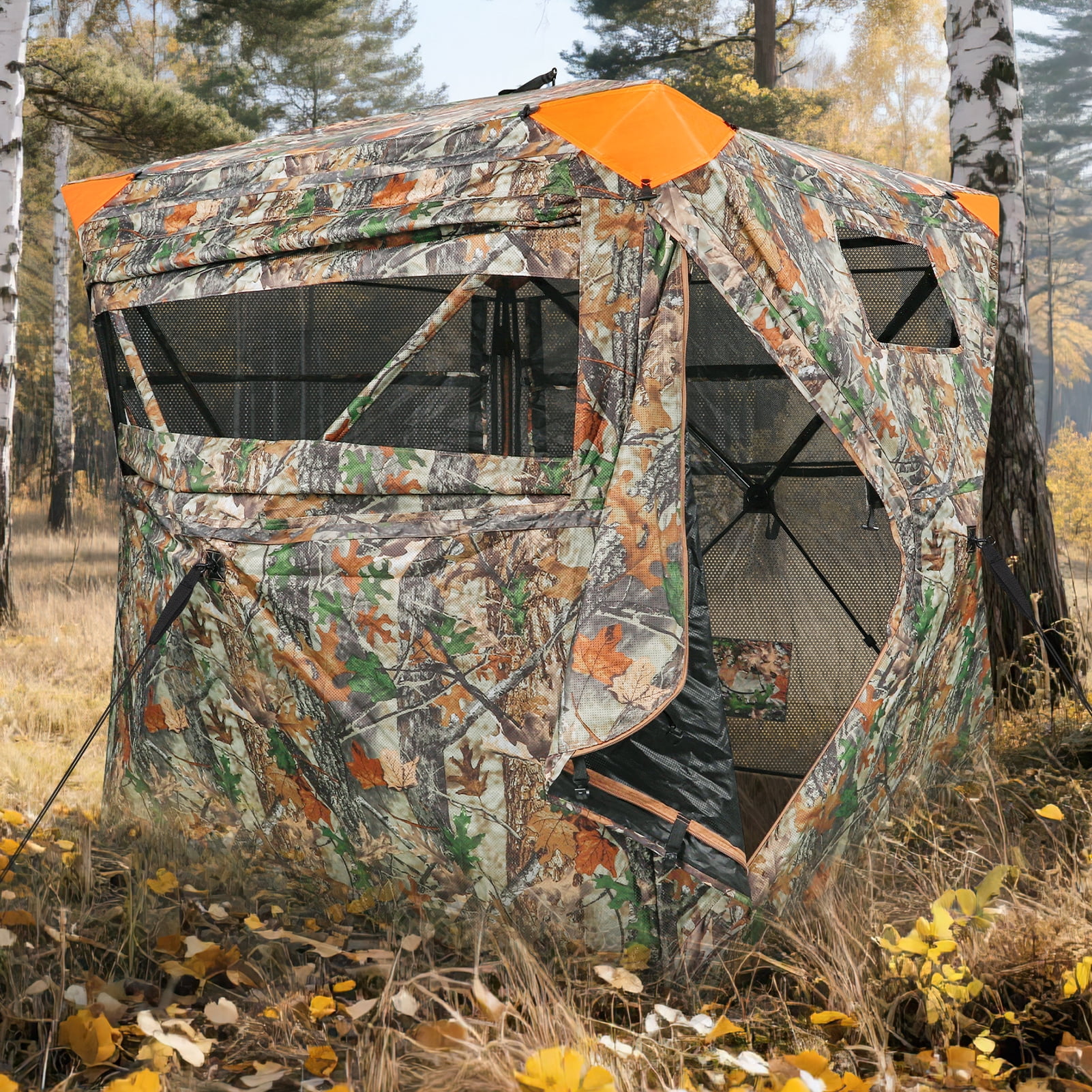 GIKPAL Portable 4 Person 270 Degree See Through Hunting Blind Pop-Up Ground Blind with Tie-downs & Carrying Bag for Deer, Duck and Turkey Hunting