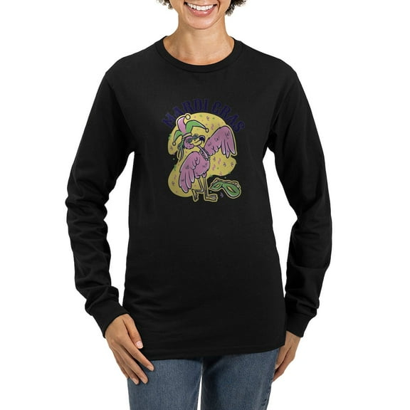 CafePress - Mardi Gras Flamingo Long Sleeve T Shirt - Women's Long Sleeve Graphic Tee Casual Fit