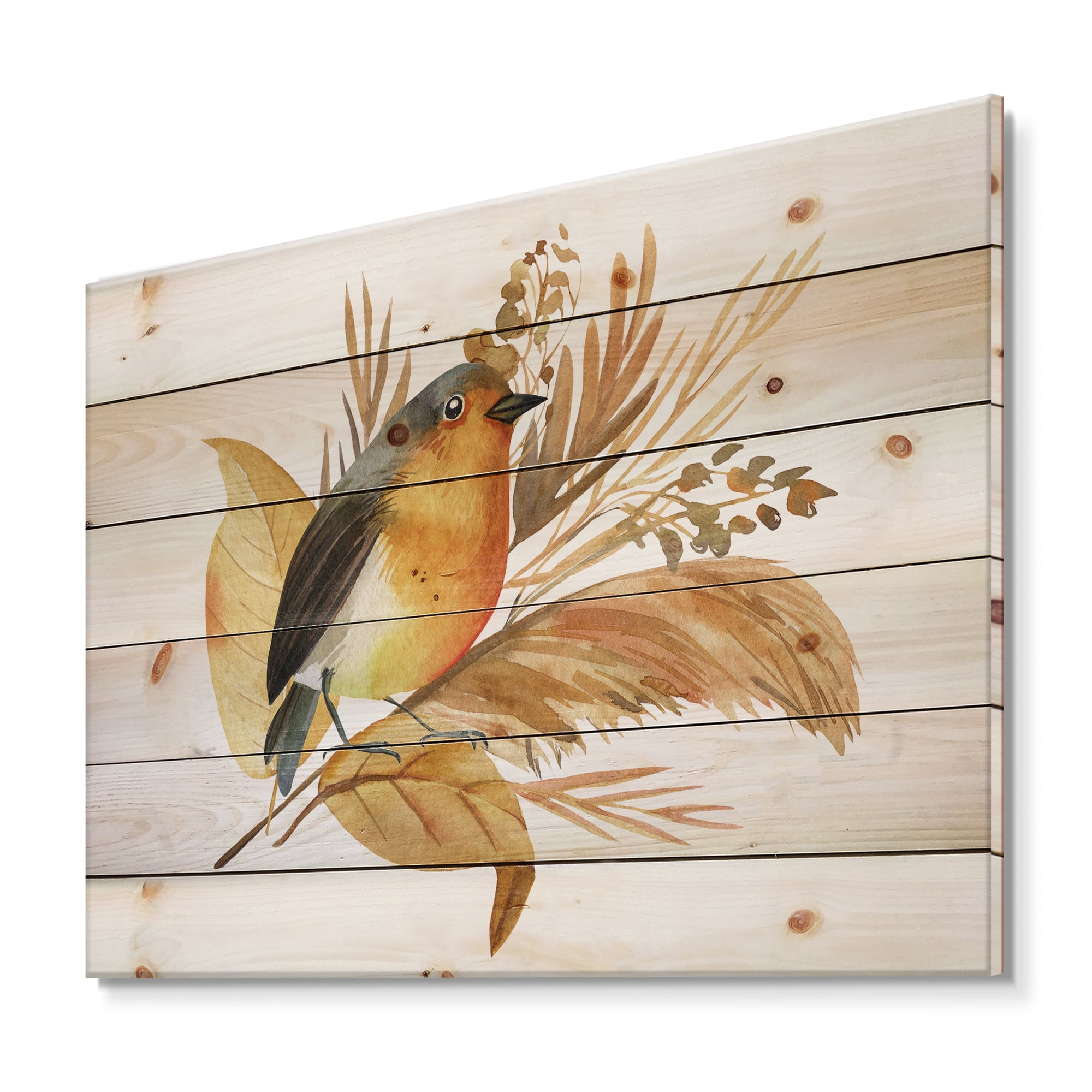 Designart 'Autumn Flowers and Robin Bird' Traditional Print on Natural Pine Wood