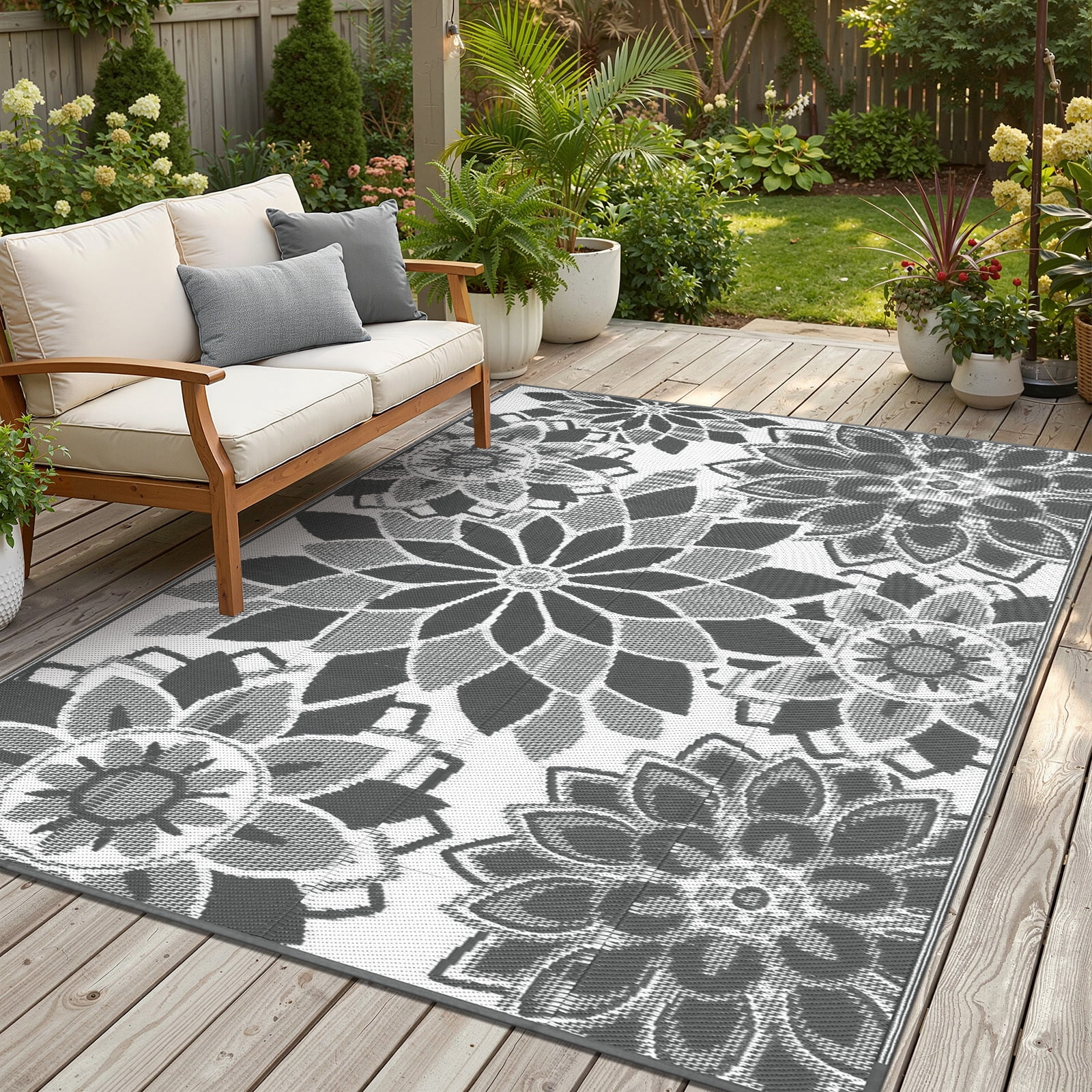 Findosom Outdoor Rug 5'x8' Reversible Waterproof Outdoor Patio Rug Mat Plastic Straw Rug Outdoor Area Rug Patio Camping Rug for RV Picnic Balcony Backyard Beach Outdoor Decor,Gray