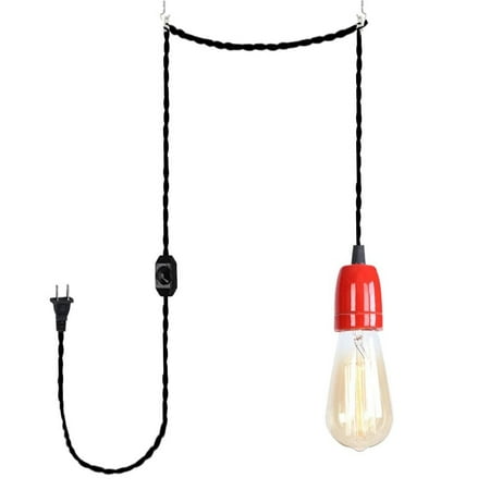 

FSLiving Dimmable Pendant Lighting Fixture 15 ft Plug in Black Twisted Cord Retro Contracted Ceramic E26 Edison Red Socket Ceiling Lamp for Bedside Loft Entryway Dorm Corridor No Bulb - 1 Light