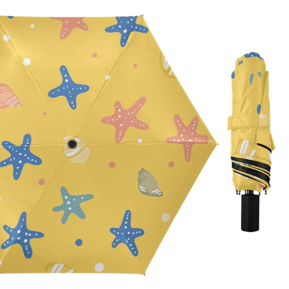Cartoon Seashell Starfish Yellow Background All Weather Umbrella Triple Folding Parasol 6 Ribs UV Protection Portable
