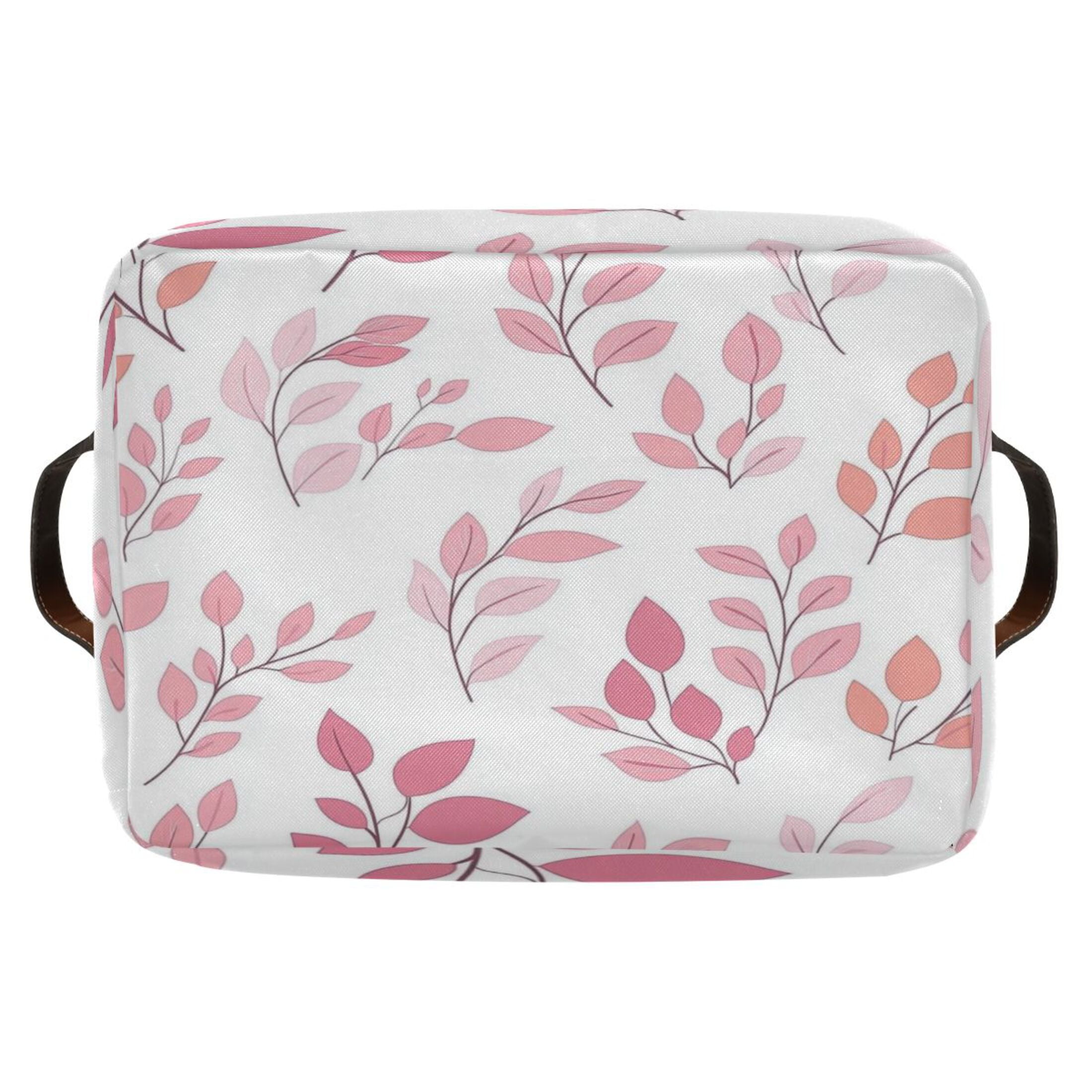 Pink and Coral Leaves Foldable Storage Basket,Canvas Fabric Foldable Storage Bins with Handles Open Home Storage Bins Boxes for Toy Book Shelf Closet Baskets