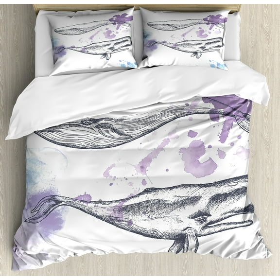 Whale Duvet Cover Set, Grunge Ocean Mammals with Paintbrush Effects and Brushstroke Murky Art, Decorative 3 Piece Bedding Set with 2 Pillow Shams, King Size, Lavender Grey Blue, by Ambesonne