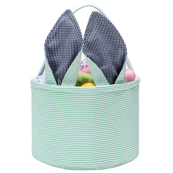 Easter Bunny Basket Seersucker Egg Bags For Kids Personalized Candy Egg Basket Rabbit Print Buckets With Fluffy Tail Gifts Bags For Easter