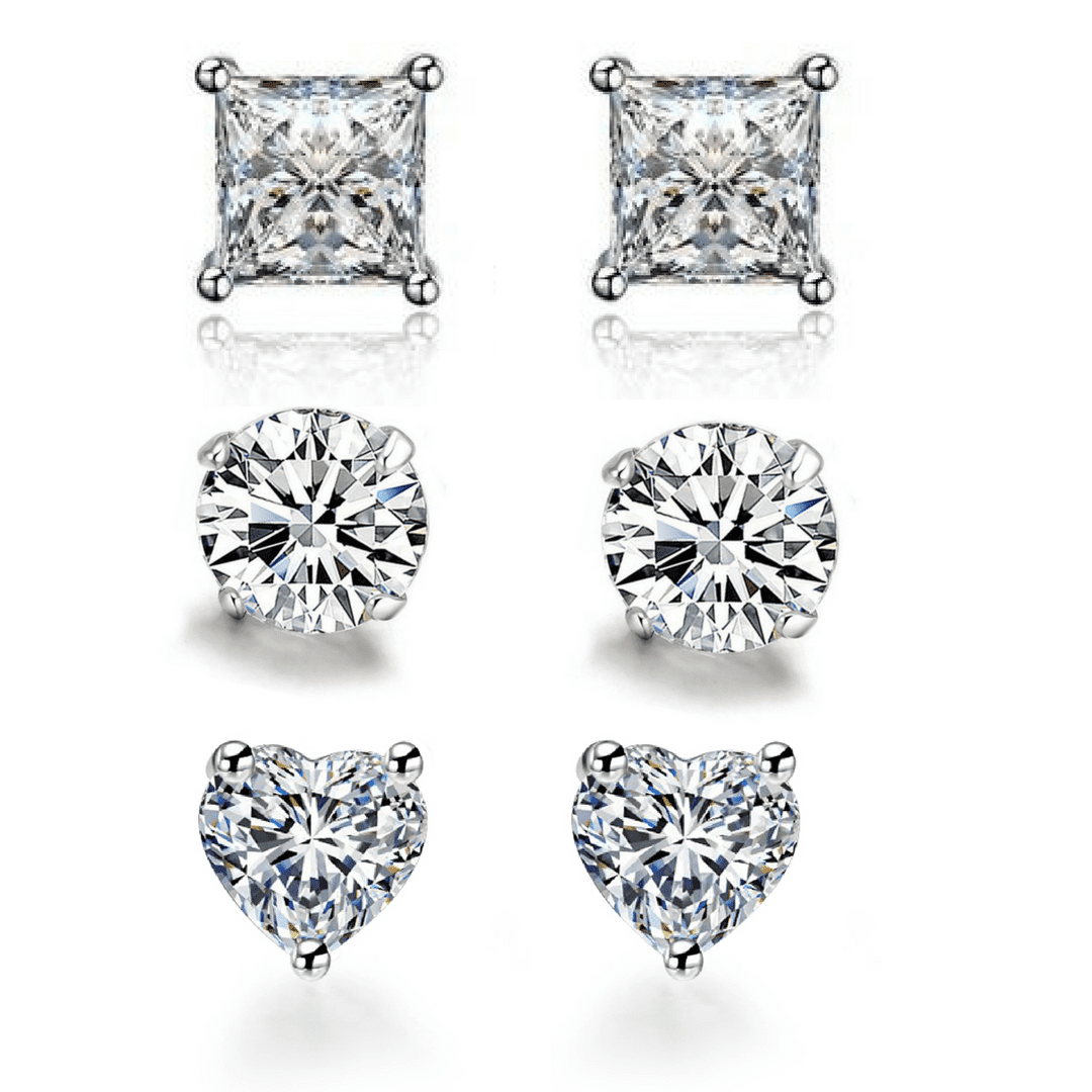 Sterling Silver 3 Pair Stud Earrings with crystals