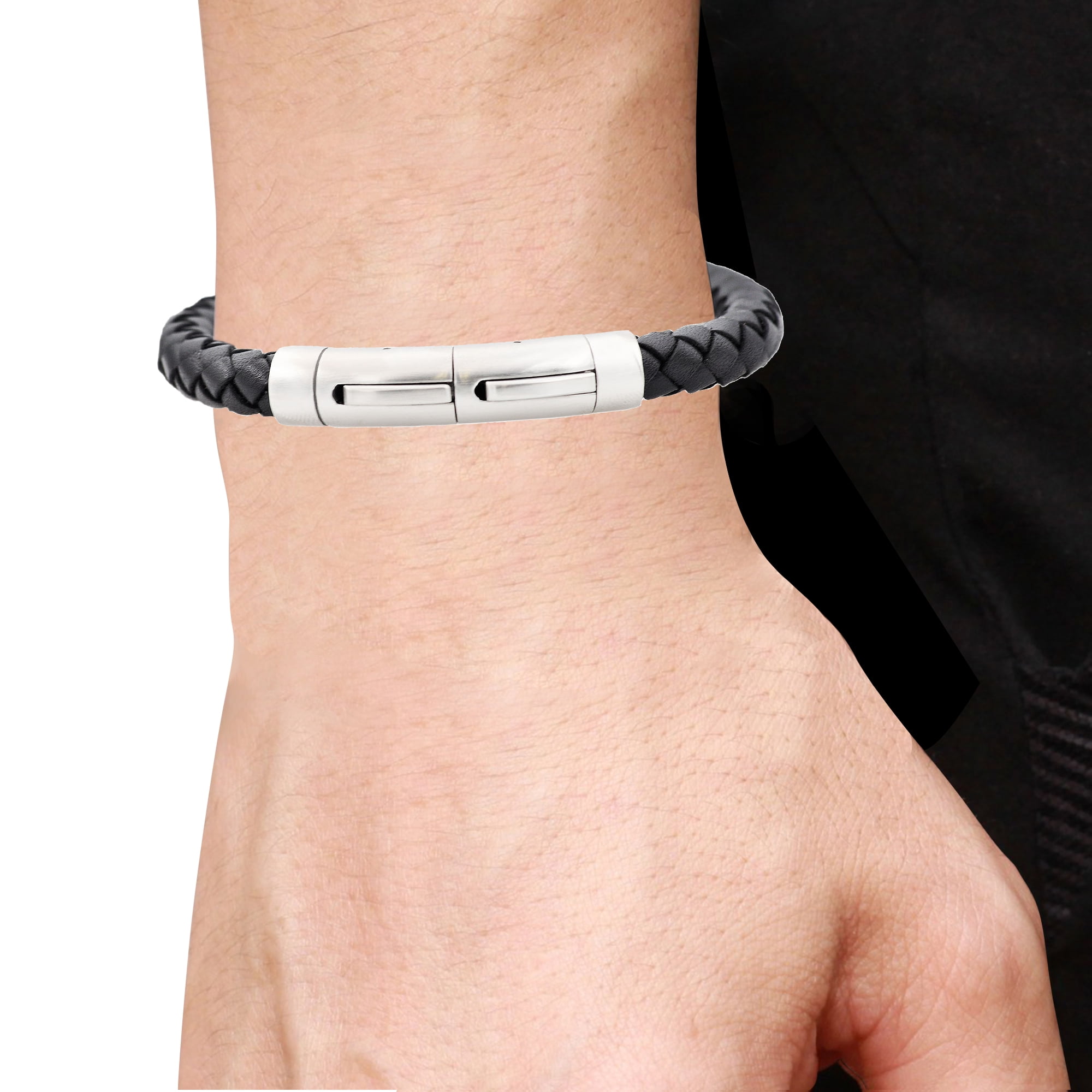 Arista Men's Extendable Bracelet in Black Leather & Solid Stainless Steel , 8.5"