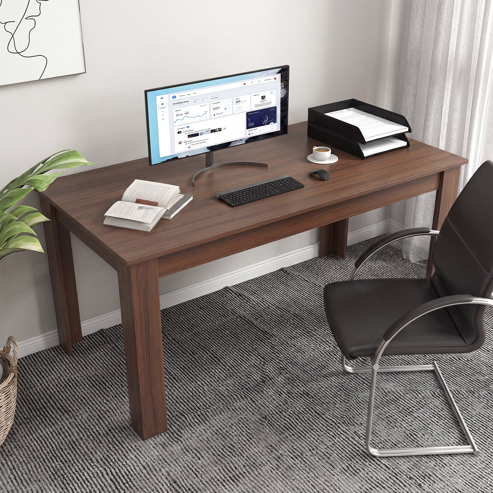 Costway 63" Dining Table Rectangular Modern Kitchen Table For 6 People Home Furniture Walnut