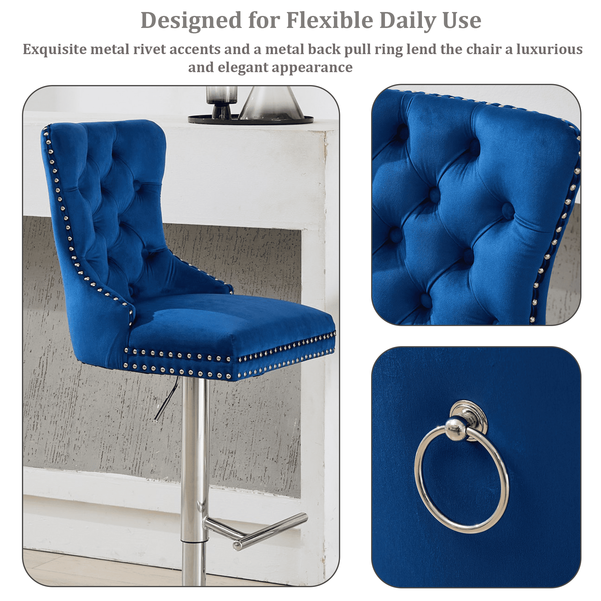 2-Piece Velvet Swivel Bar Stools, Adjustable Counter Height Dining Bar Chairs with Tufted Backrest and Nailhead Trim for Kitchen Island （Blue with Silver Leg）