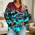 thumbnail image 2 of Uootdi Halloween Sweatshirts for Women V Neck Bat Flame Graphic Womens Sweatshirt Loose Fit Holiday Gathering Stretchy Womens Tops Gift, 2 of 7