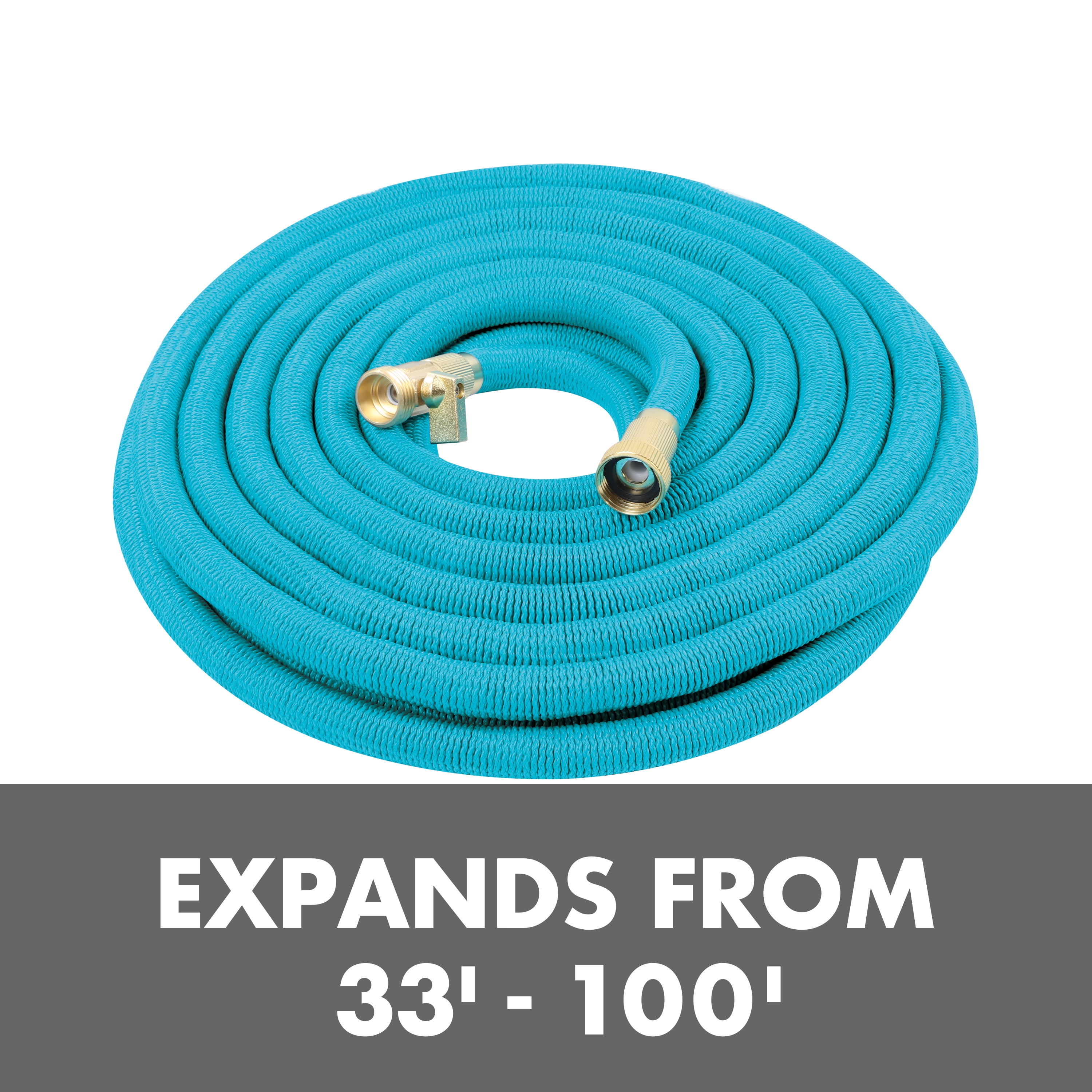 Aqua Joe Kink-Free 100-Foot Expandable Garden Hoses W/ Heavy-Duty Brass Valve & Flow Control Shut-off, 5/8-inch (Light Blue)