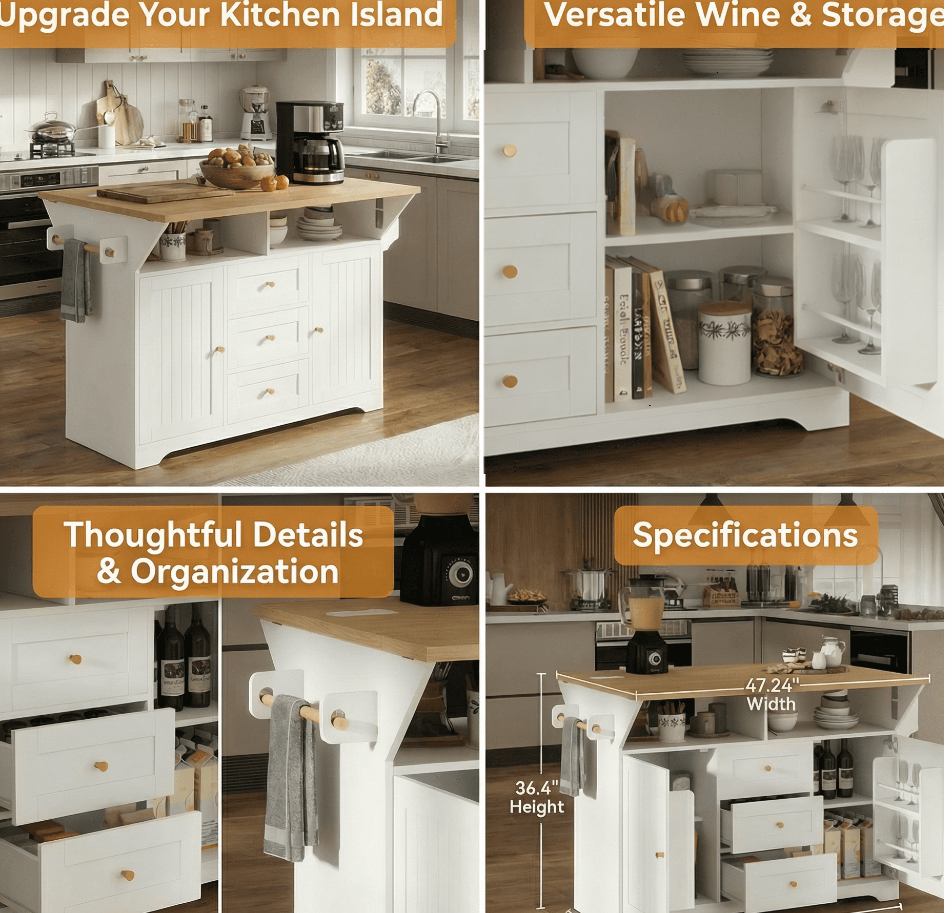 RIGO 47 Inch Rolling Kitchen Island with Drop Leaf Extendable Top, Built-in US Power Ports, Storage Drawers Cabinets, Side Spice Towel Rack, Mobile Prep Island for Kitchen Dining