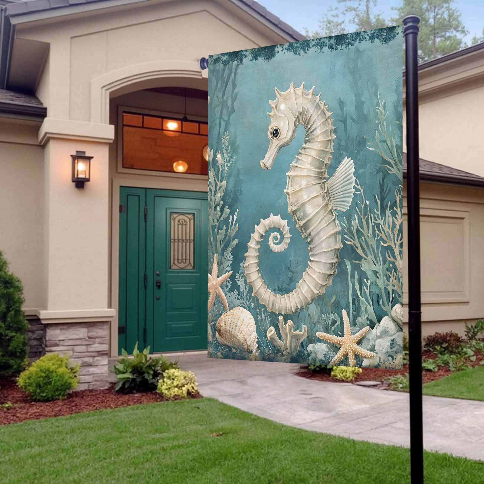 Garden Flag Double-Side Printed House Flag Seahorse Yard Flag Coral Starfish Blue Ocean Welcome Banner Decor Outdoor Holiday Decorations 28*40in
