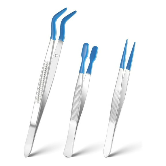 3 Pieces Tweezers with Rubber Tips, Long Tweezers with Rubber Tips Non-Slip Flat Bent Pointed Tip Tweezers