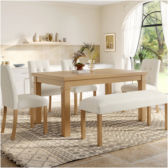Modern 6-Piece Dining Set with Upholstered Chairs and Bench, Rubber Wood Table for Kitchen and Dining Room, Natural Finish