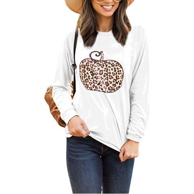 Femmes Halloween Drôle Sweat-Shirt Citrouille Graphique Pulls Léopard Haut Manches Longues Col Rond Chandail