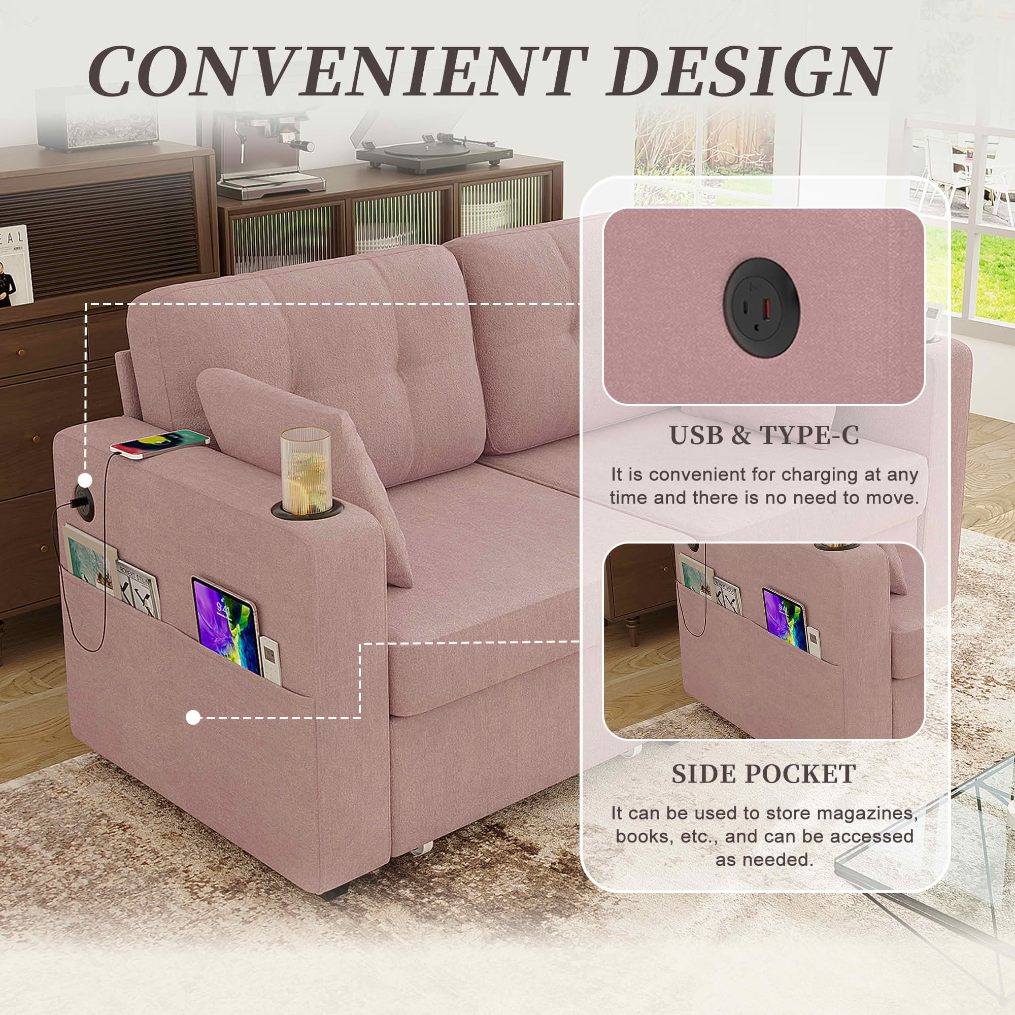 MAYEERTY Modern 3-Seat Chenille Sofa, Wood Frame Sectional Couch with USB Charging, Cup Holder & Storage Function for Home Small Space Living Room
