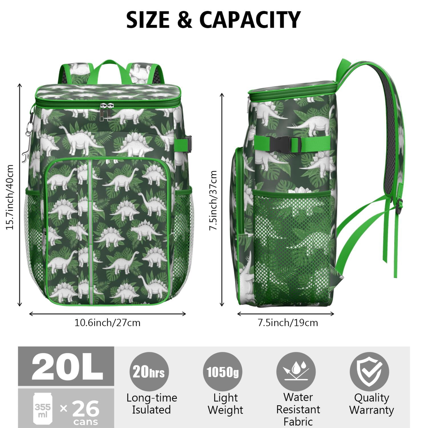 Travel Cooler Bag - Green Cartoon Dinosaurs Leaves Pattern Camping Beer Cooler Backpack with Bottle Opener- Waterproof Insulated Picnic Backpacks - Cooler Bag for Beach